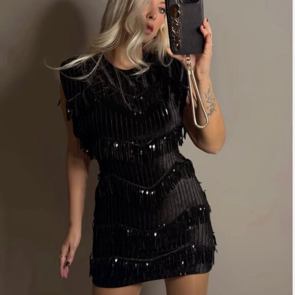 Zara Velvet Sequin Fringe Dress NWT Black Size Medium - Picture 2 of 9